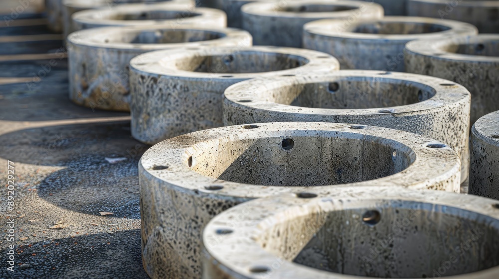 Reinforced concrete rings available for well and sewer Concrete construction materials space for copy Reinforced concrete rings available for well and sewer Concrete construction materials space for copy
