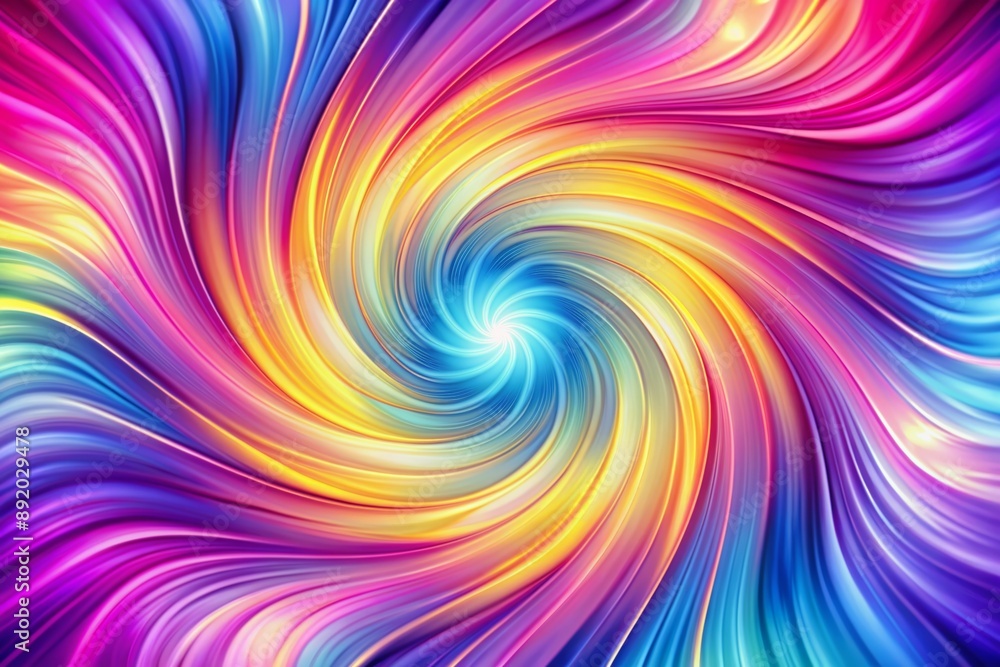 Fototapeta premium Vibrant abstract pattern with swirling gradient of pink, purple, blue, and yellow hues, creating a mesmerizing and futuristic visual effect on a white background.