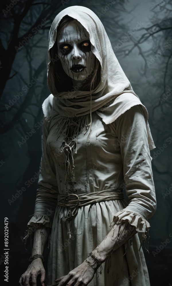 Woman in a White Robe, Glowing Eyes, Gloomy Forest Background. Woman in a White Robe, Glowing Eyes, Gloomy Forest Background.