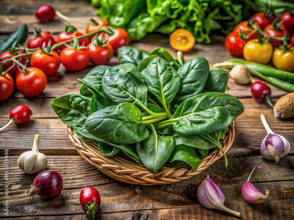 Fresh raw organic green spinach leaves on a natural wood background, surrounded by other organic vegetables, showcasing a healthy salad option in a rustic setting. Fresh raw organic green spinach leaves on a natural wood background, surrounded by other organic vegetables, showcasing a healthy salad option in a rustic setting.