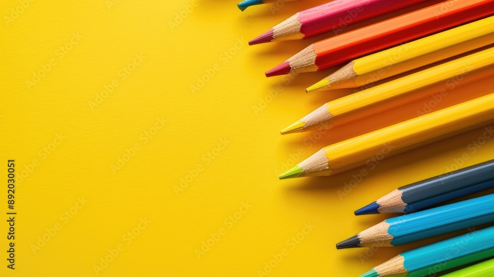 Vibrant pencils on yellow backdrop symbolizing back to school theme and sales Vibrant pencils on yellow backdrop symbolizing back to school theme and sales
