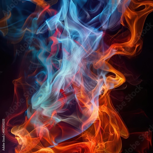 elemental fire spirits dancing in darkness vibrant flames form ethereal figures with flowing ribbonlike bodies mesmerizing display of orange red and blue fire against black background