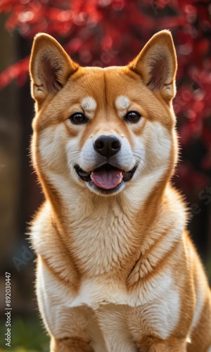 Shiba Inu Dog Portrait with Blurry Red Background. © BOJOShop