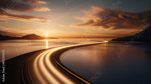 Stunning sunset over a winding coastal highway, with light trails from passing vehicles creating a mesmerizing effect.