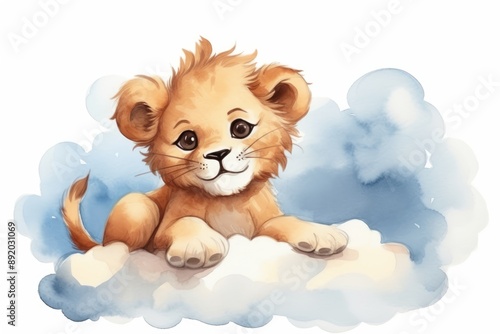 Cute lion cub sitting on a cloud, cartoon illustration.