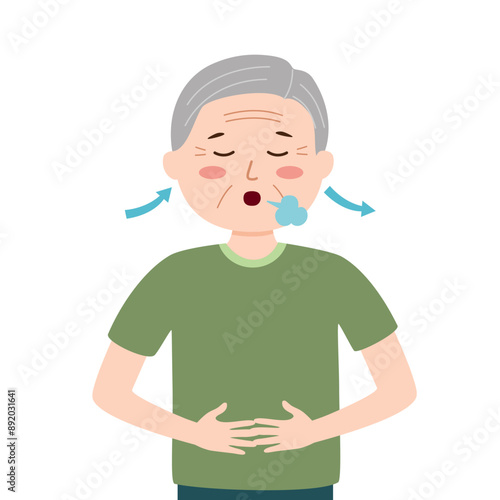 Senior man taking a deep breath in flat design. Breathing exercise.
