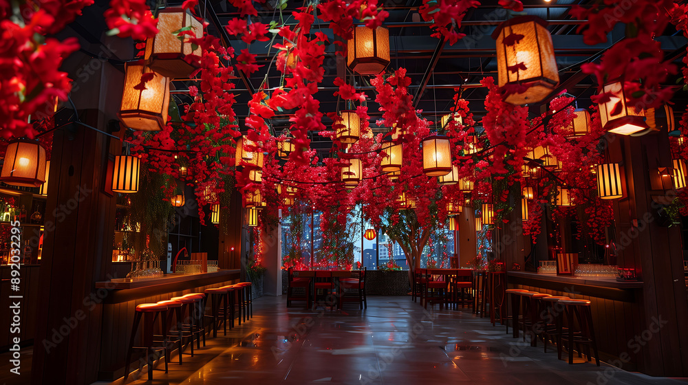 A festive party scene with vibrant red vines draped from ceiling fixtures, adding a pop of color to the lively atmosphere A festive party scene with vibrant red vines draped from ceiling fixtures, adding a pop of color to the lively atmosphere