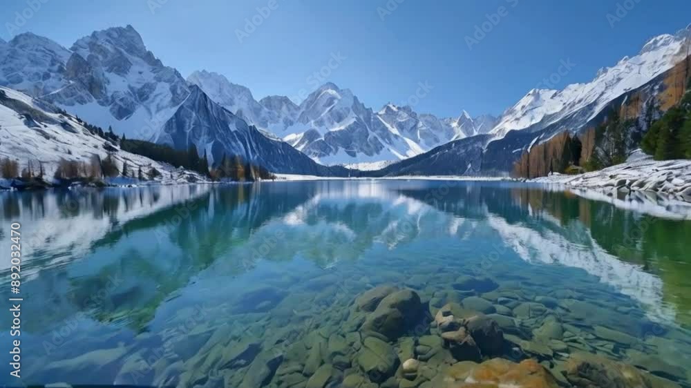 view of the lake and snowy mountains. beautiful natural landscape background. generative ai view of the lake and snowy mountains. beautiful natural landscape background. generative ai