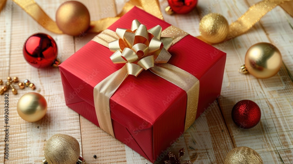 Fototapeta premium Stylish red gift box with gold ribbon and festive ornaments on wood backdrop