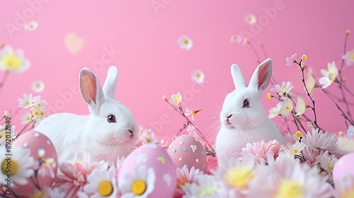 Easter sale concept with eggs and bunnies on pink background photo