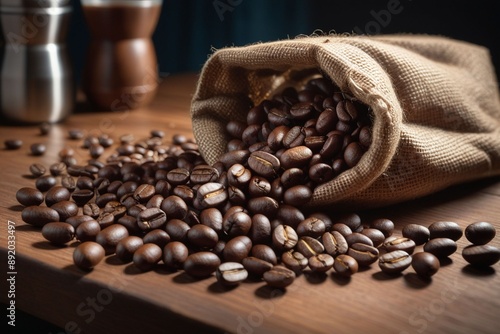 An old sack of coffee beans on a wooden floor, horizontal composition