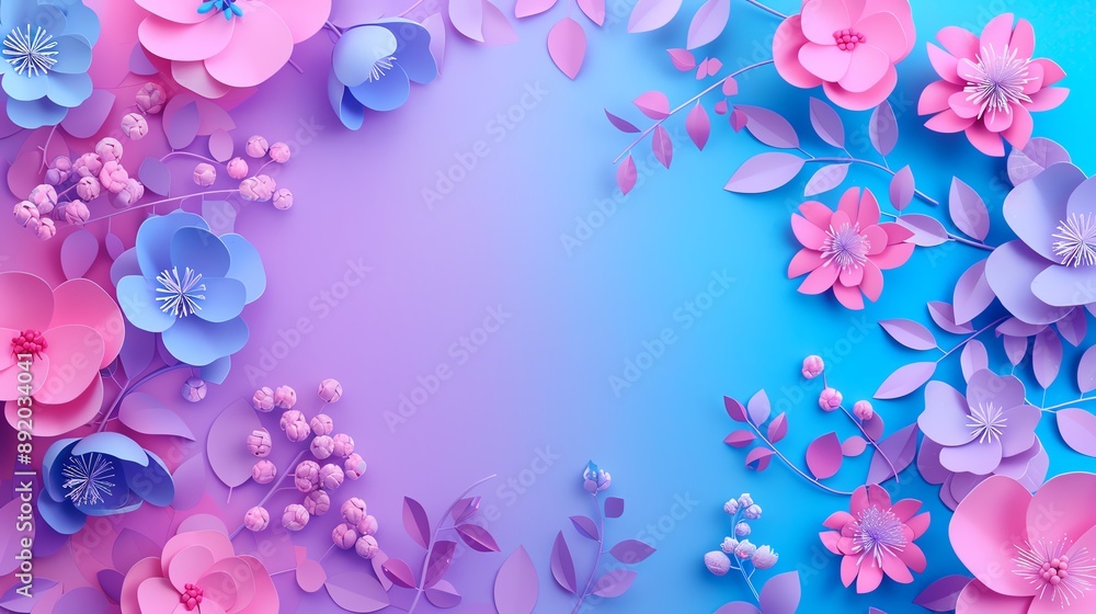 Vibrant pink and blue floral paper art frame with beautiful flowers and leaves on gradient background, perfect for Spring or Summer themes. Vibrant pink and blue floral paper art frame with beautiful flowers and leaves on gradient background, perfect for Spring or Summer themes.