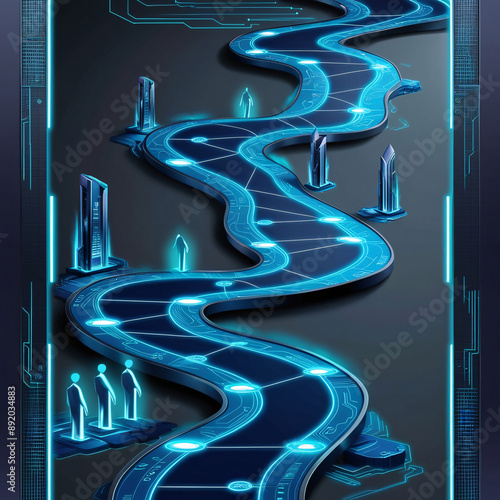 Cyberpunk digital transformation roadmap, neon lights, glowing path and figures.