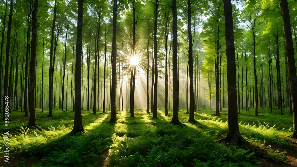 Sunbeams shining through the trees in a lush green forest. Sunbeams shining through the trees in a lush green forest.