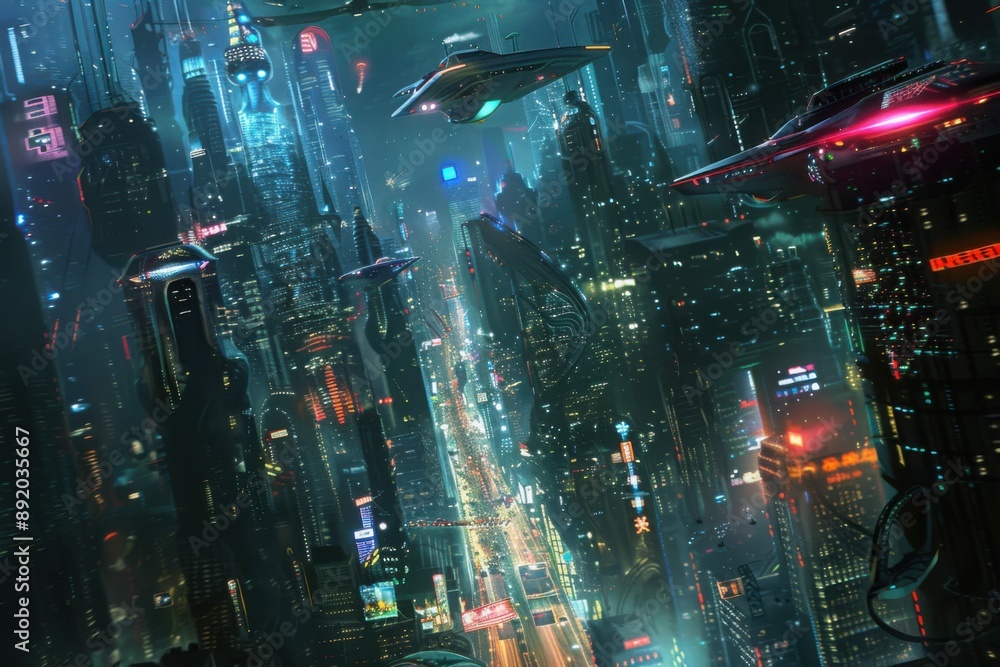 Fototapeta premium Futuristic City with Flying Cars and Neon Lights
