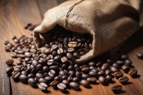 An old sack of coffee beans on a wooden floor, horizontal composition