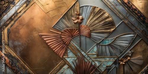 Geometric metal panel with fan-shaped design in copper, gold, and teal photo