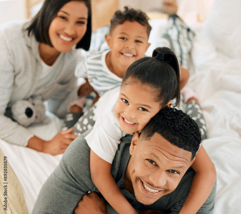 Family, portrait and children hugging in bedroom, love and relationship with care with people together in apartment. Happiness, relax and bed in home for weekend break, morning and bonding in house Family, portrait and children hugging in bedroom, love and relationship with care with people together in apartment. Happiness, relax and bed in home for weekend break, morning and bonding in house