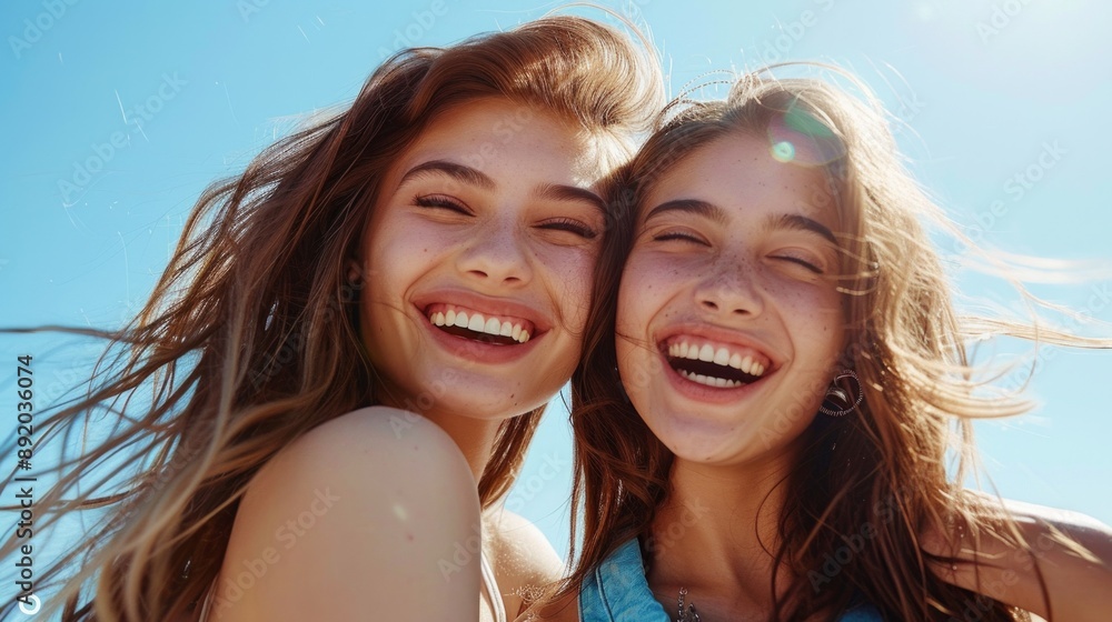 Portrait, smile and a group of friends on a blue sky outdoor together for freedom, bonding or fun from below. Diversity, travel or summer with happy men and women laughing outside on vacation Portrait, smile and a group of friends on a blue sky outdoor together for freedom, bonding or fun from below. Diversity, travel or summer with happy men and women laughing outside on vacation