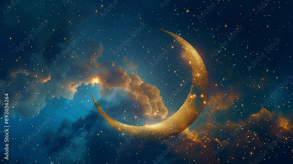Obraz premium Golden crescent moon shining in a starry night sky with clouds