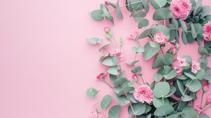 Arrangement of pink flowers and eucalyptus on pink background Flat lay with copy space