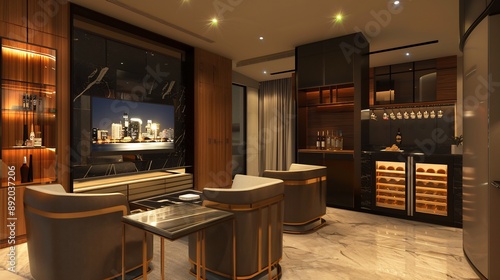 Modern luxury TV room with minibar stocked with high end drinks. photo