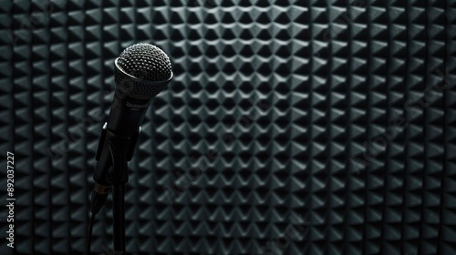 Professional microphone on black soundproof panel background in recording studio with space for text