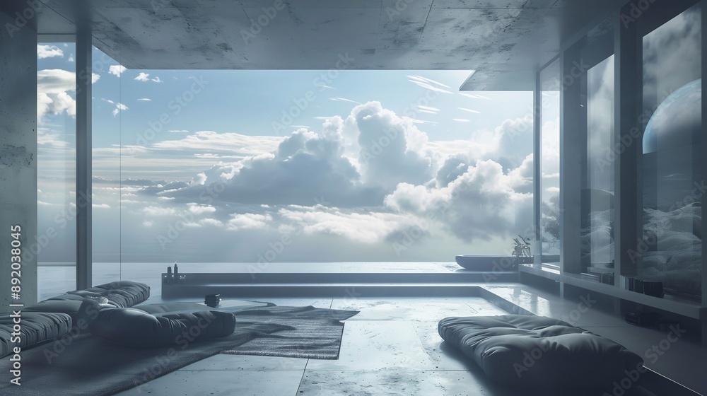 Fototapeta premium Home interior with clouds in the background, Large window with view of the sky and clouds