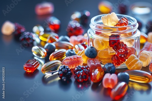 A colorful assortment of gummy vitamins and supplements spilling out of a glass jar on a dark background, highlighting their vibrant colors.
