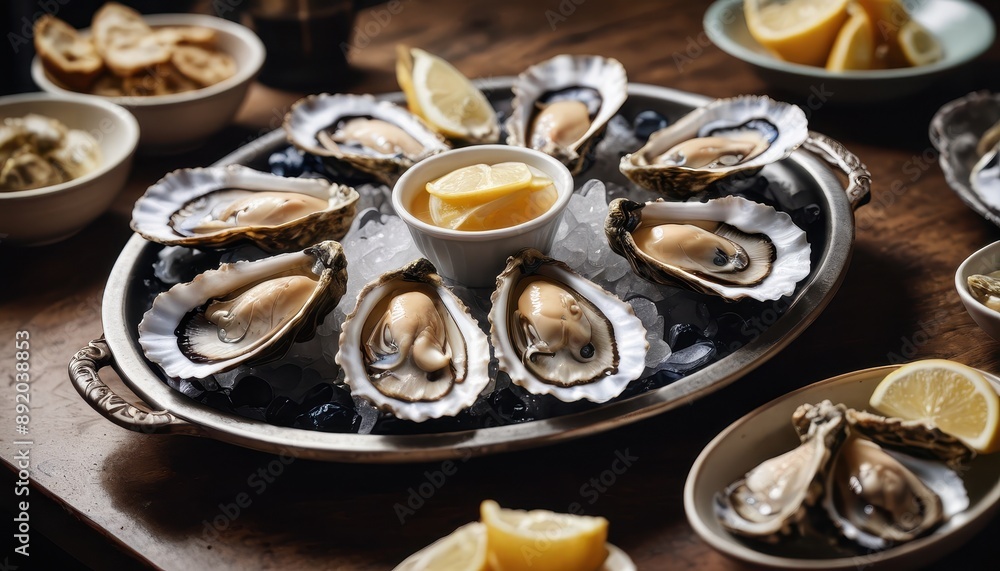 Oysters on Ice with Lemon Wedges. Oysters on Ice with Lemon Wedges.