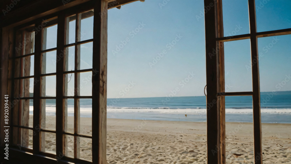 serene beach scene viewed through a window, with golden sand and clear blue water under a sunny sky. serene beach scene viewed through a window, with golden sand and clear blue water under a sunny sky.