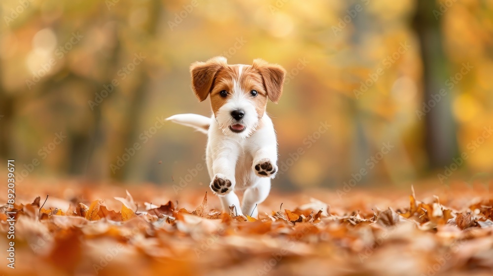 Adorable puppy running through autumn leaves in a forest setting, showcasing the joy and energy of a young dog during the fall season. Adorable puppy running through autumn leaves in a forest setting, showcasing the joy and energy of a young dog during the fall season.