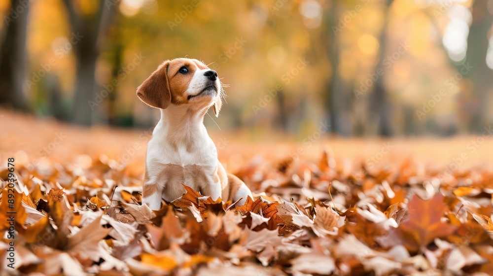 Adorable puppy sitting in a bed of autumn leaves, looking up. Fall season backdrop with warm, golden hues in the background. Adorable puppy sitting in a bed of autumn leaves, looking up. Fall season backdrop with warm, golden hues in the background.