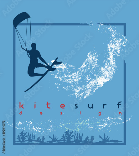 Kite surfer silhouette illustration. Art in composition with lettering.