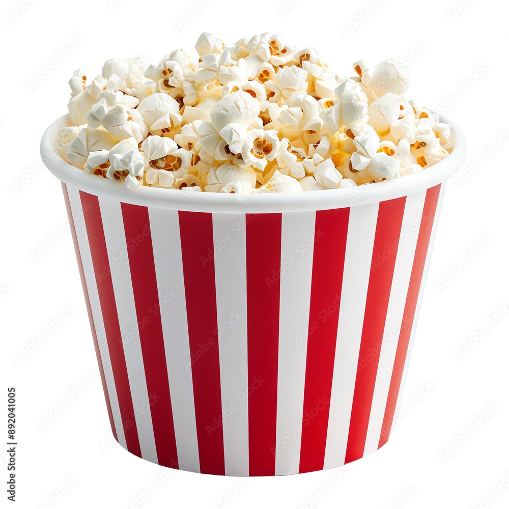 Classic movie theater popcorn, fluffy white kernels, served in a vibrant red and white striped container, perfect for enjoyable cinematic experiences and gatherings. isolated on white background Classic movie theater popcorn, fluffy white kernels, served in a vibrant red and white striped container, perfect for enjoyable cinematic experiences and gatherings. isolated on white background