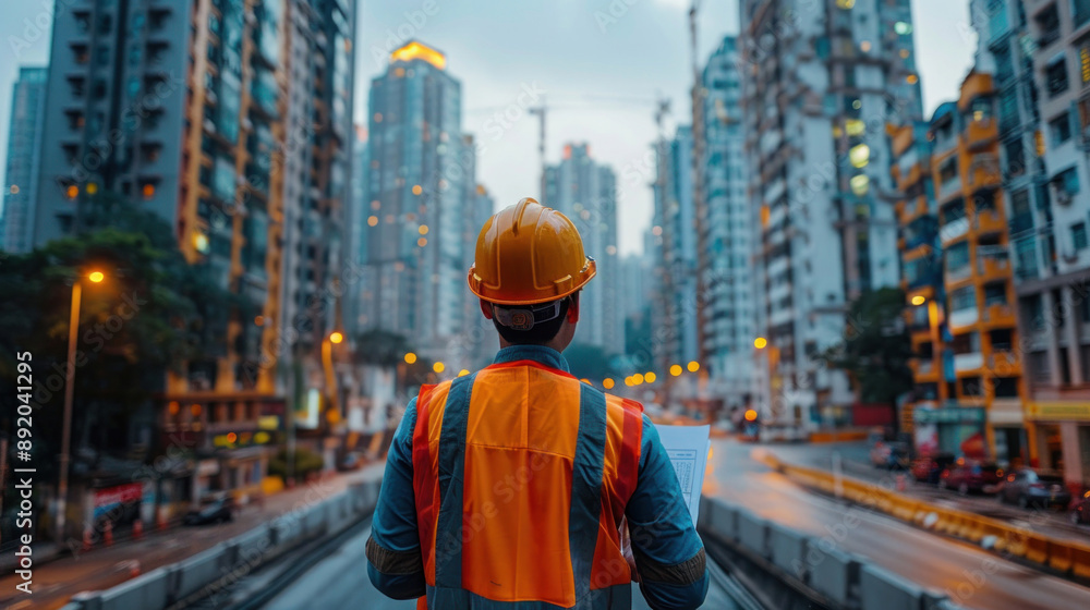 A civil engineer in a reflective vest and hard hat, reviewing construction plans at a busy urban road construction site, with high-rise buildings in the background. A civil engineer in a reflective vest and hard hat, reviewing construction plans at a busy urban road construction site, with high-rise buildings in the background.