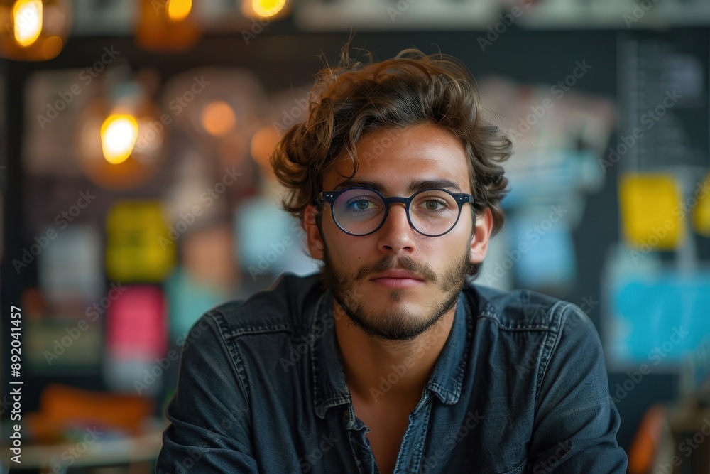 Portrait of a young entrepreneur with a visionary expression, brainstorming ideas in a startup environment. Portrait of a young entrepreneur with a visionary expression, brainstorming ideas in a startup environment.
