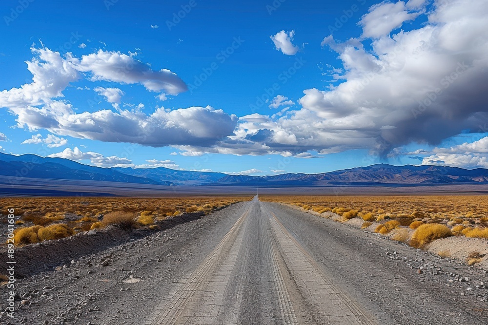 Fototapeta premium 18. A long, straight road stretching into the horizon through a vast, empty desert with dramatic clouds above