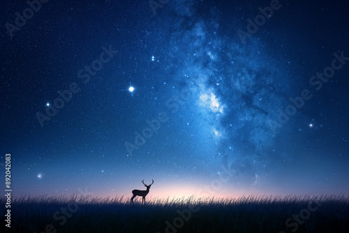 Lone Deer Under a Majestic Full Moon. Nocturnal Wildlife Serenity. Full moon night sky with silhouettes of two deer, large full moon in the background, grassy field, starry sky. Concept illustration. © Zulkifle