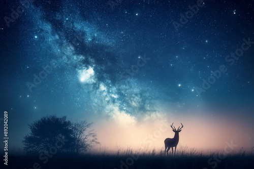 Lone Deer Under a Majestic Full Moon. Nocturnal Wildlife Serenity. Full moon night sky with silhouettes of two deer, large full moon in the background, grassy field, starry sky. Concept illustration.