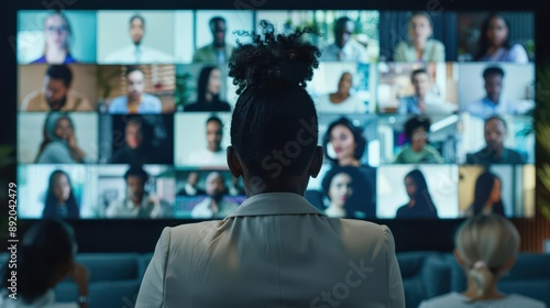 Global team video conference, screens showing diverse faces,
