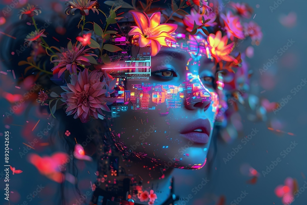 Digital of a Mystical Computer Programmer with Floral Headpiece and Glitchy Retrofuturistic Visuals Digital of a Mystical Computer Programmer with Floral Headpiece and Glitchy Retrofuturistic Visuals