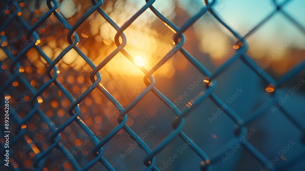 Chain-link fence, macro shot, shallow depth of field, golden hour lighting, soft focus, blue sky background, metal texture, geometric patterns, diagonal composition, warm tones. Chain-link fence, macro shot, shallow depth of field, golden hour lighting, soft focus, blue sky background, metal texture, geometric patterns, diagonal composition, warm tones.