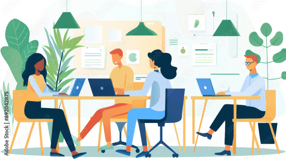 A group of people are sitting at a table with laptops A group of people are sitting at a table with laptops