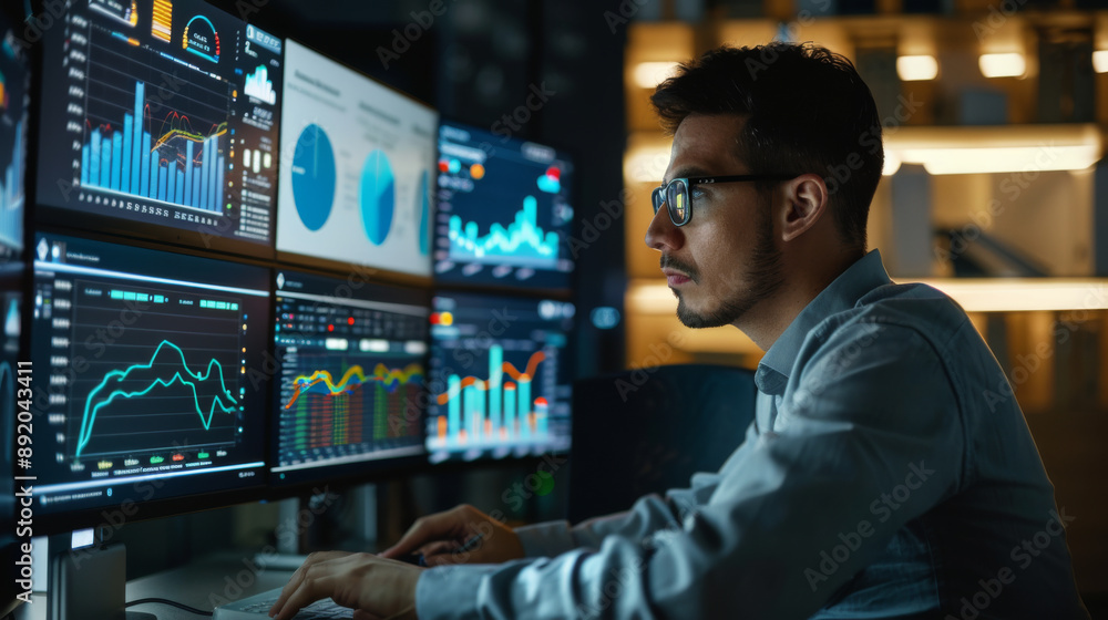 A man is working on a computer with multiple monitors displaying graphs A man is working on a computer with multiple monitors displaying graphs