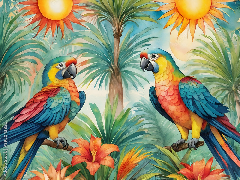 Obraz premium abstract glowing watercolor of parrots with palm trees and tropical flowers and the sun surrealism expressionism fine art