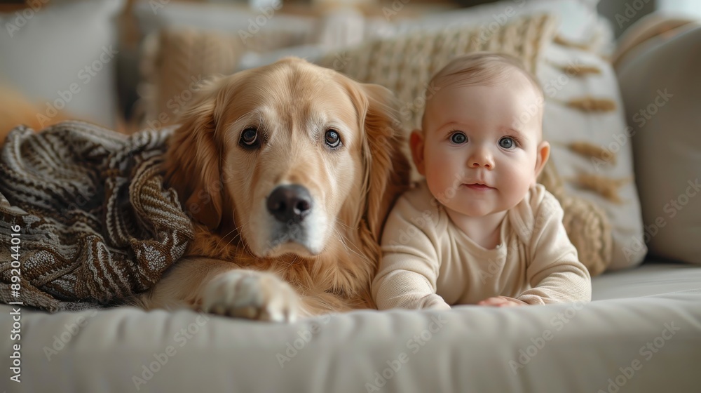 Baby and Golden Retriever Puppy on a Couch. Baby and Golden Retriever Puppy on a Couch.