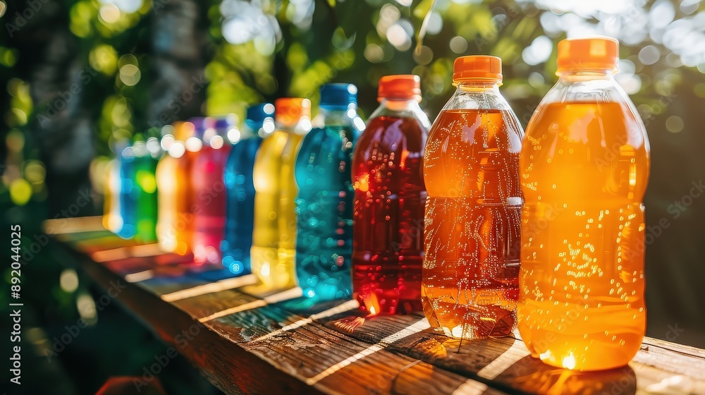 Colorful Bottles of Refreshing Drinks on a Wooden Table in a Summer Setting Colorful Bottles of Refreshing Drinks on a Wooden Table in a Summer Setting