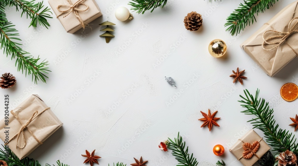 Create New Year s ambiance on white background with objects top view and space for text Create New Year s ambiance on white background with objects top view and space for text