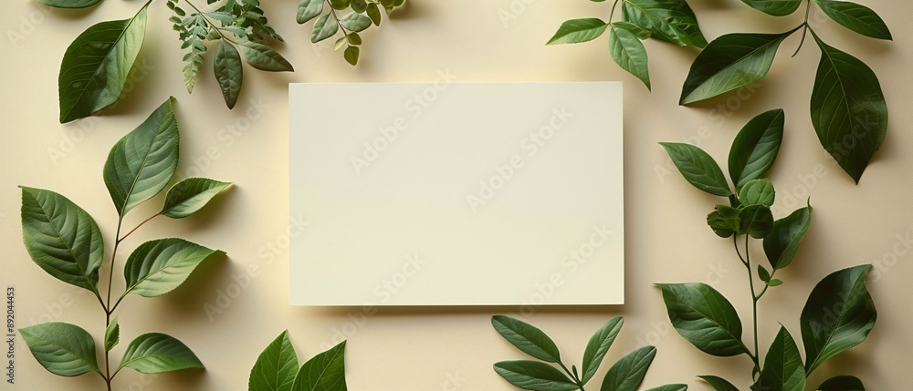White paper rectangle with green leaves isolated on beige background. White paper rectangle with green leaves isolated on beige background.